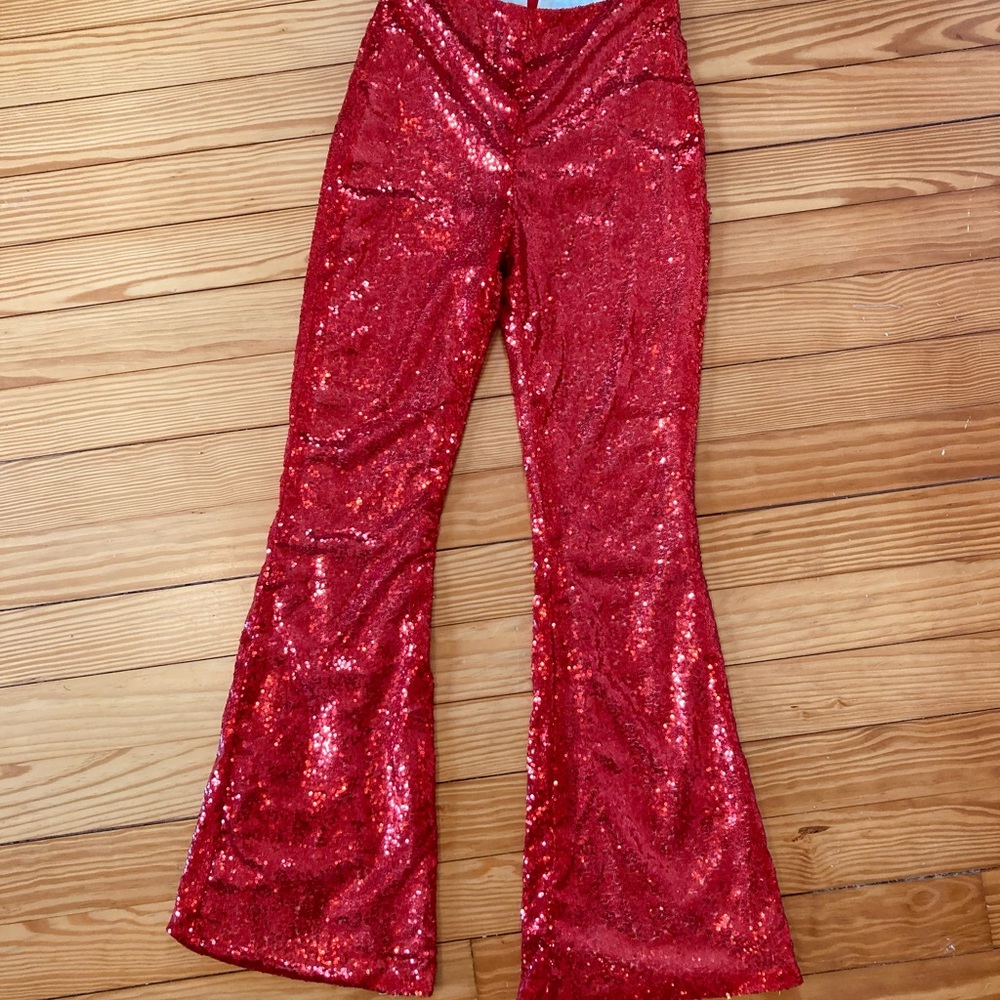 Red Sequined Sparkly Glam High Rise Flare Pants